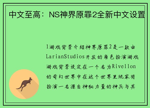 中文至高：NS神界原罪2全新中文设置